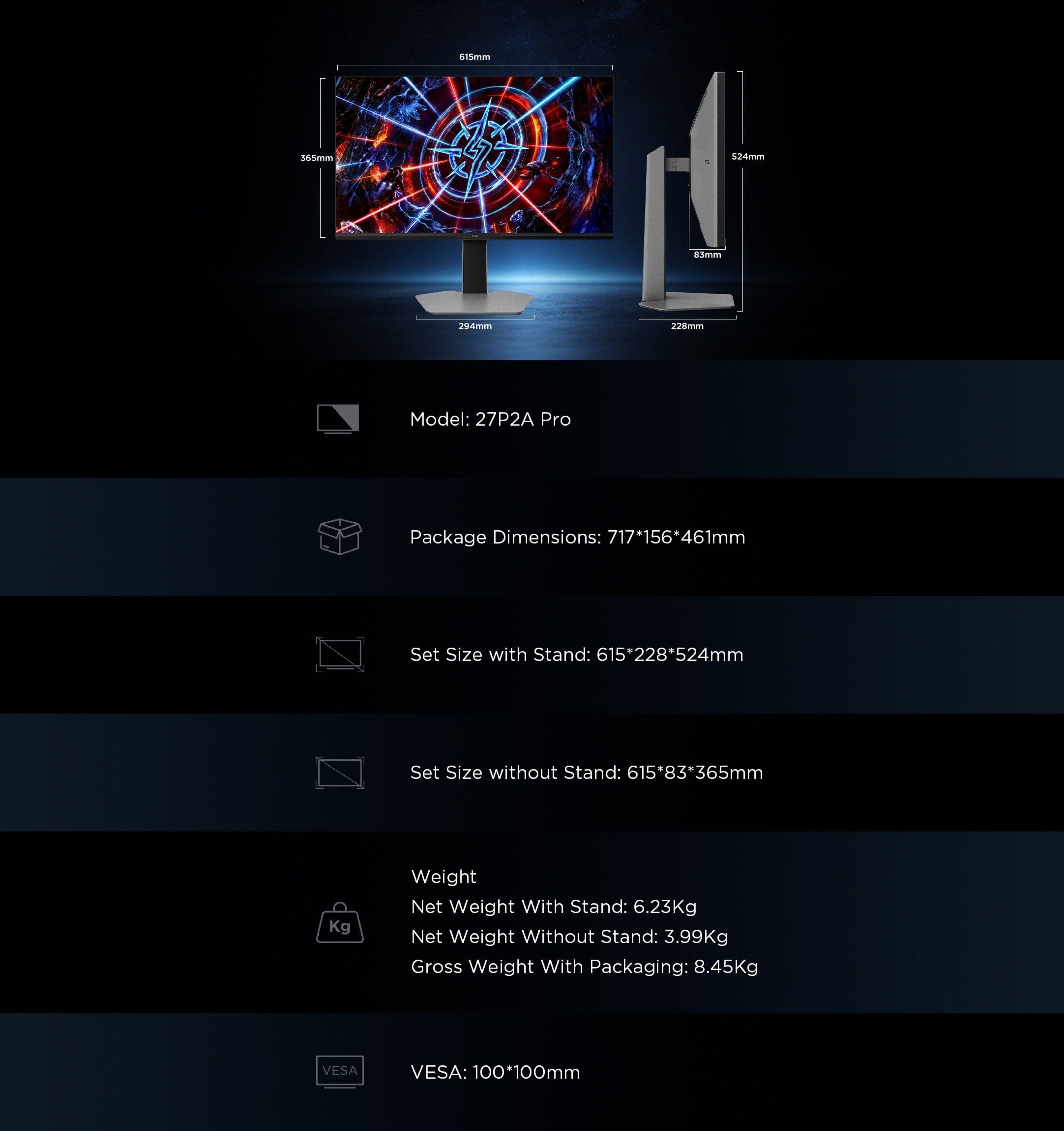 TCL 27P2A Pro 320Hz Mini LED Gaming Monitor Dimension
