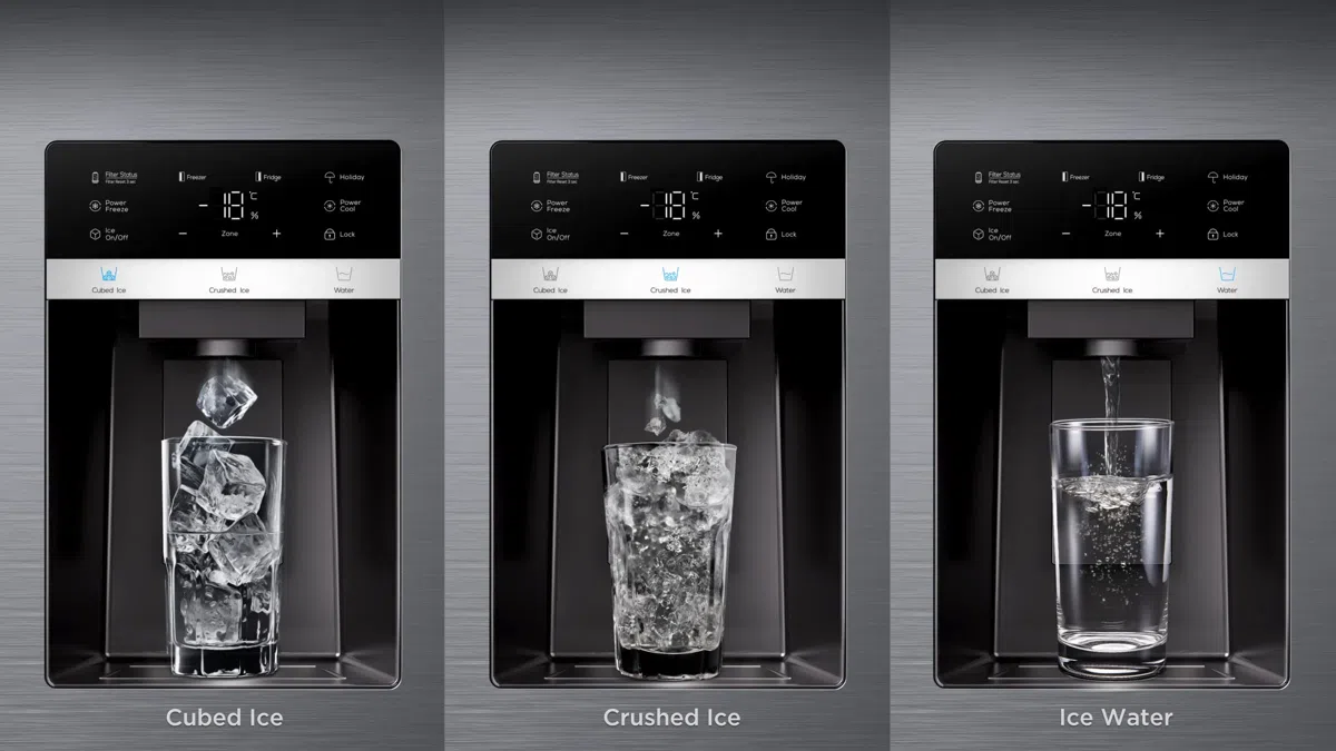 Refrigerador TCL C575SBIM 3 en 1 con máquina de hielo: fabrica y almacena hielo.