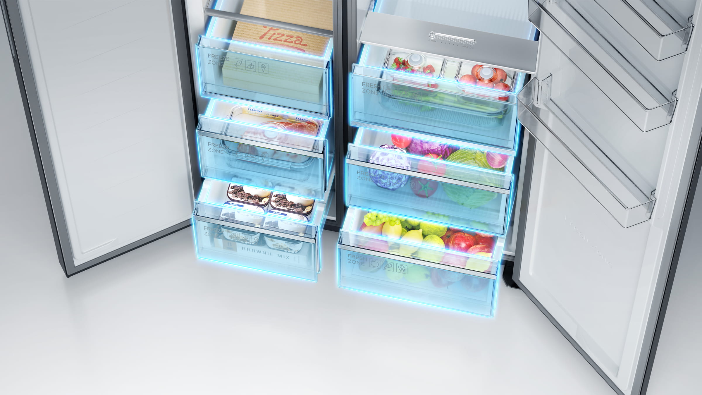 Refrigerador con máquina de hielo TCL C575SBIM con cajones ampliados para alimentos frescos y congelados.