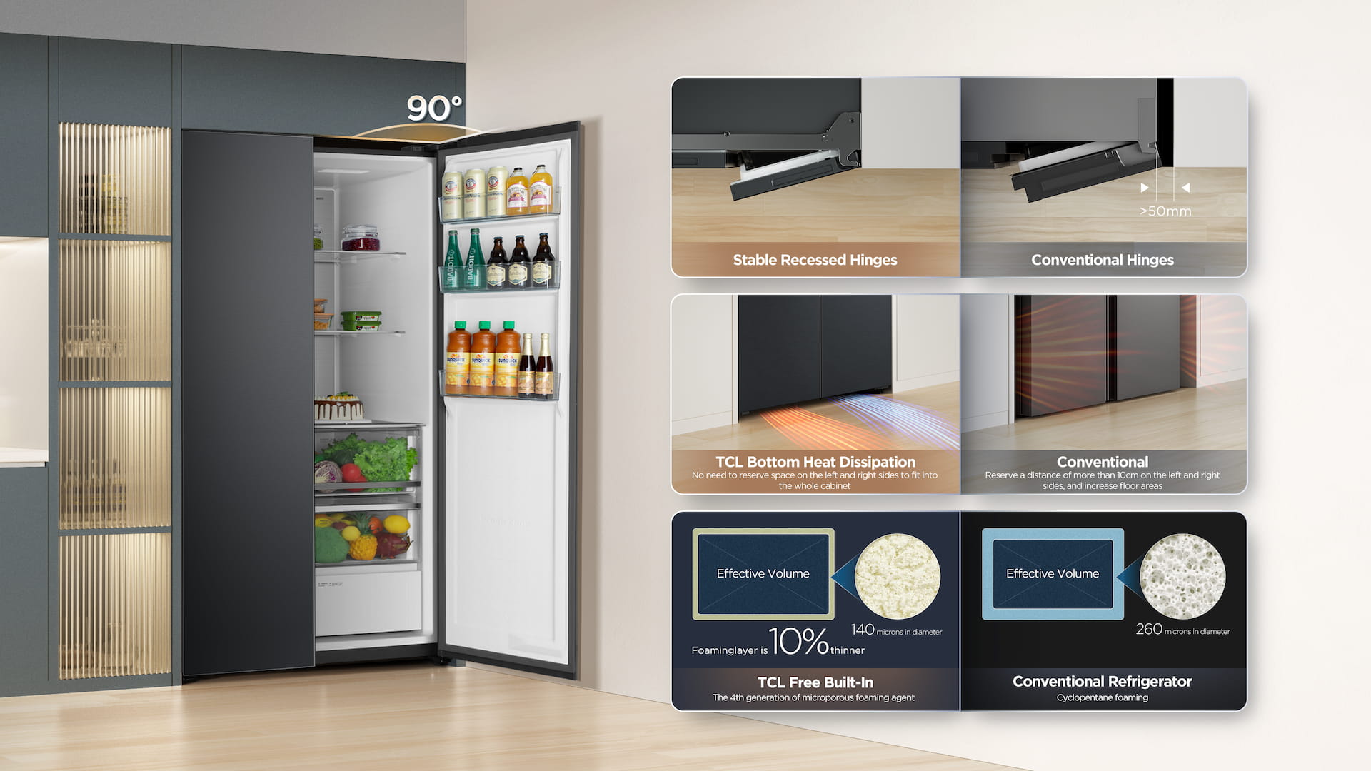 TCL rc605sxd0 refrigerator 90° opening door