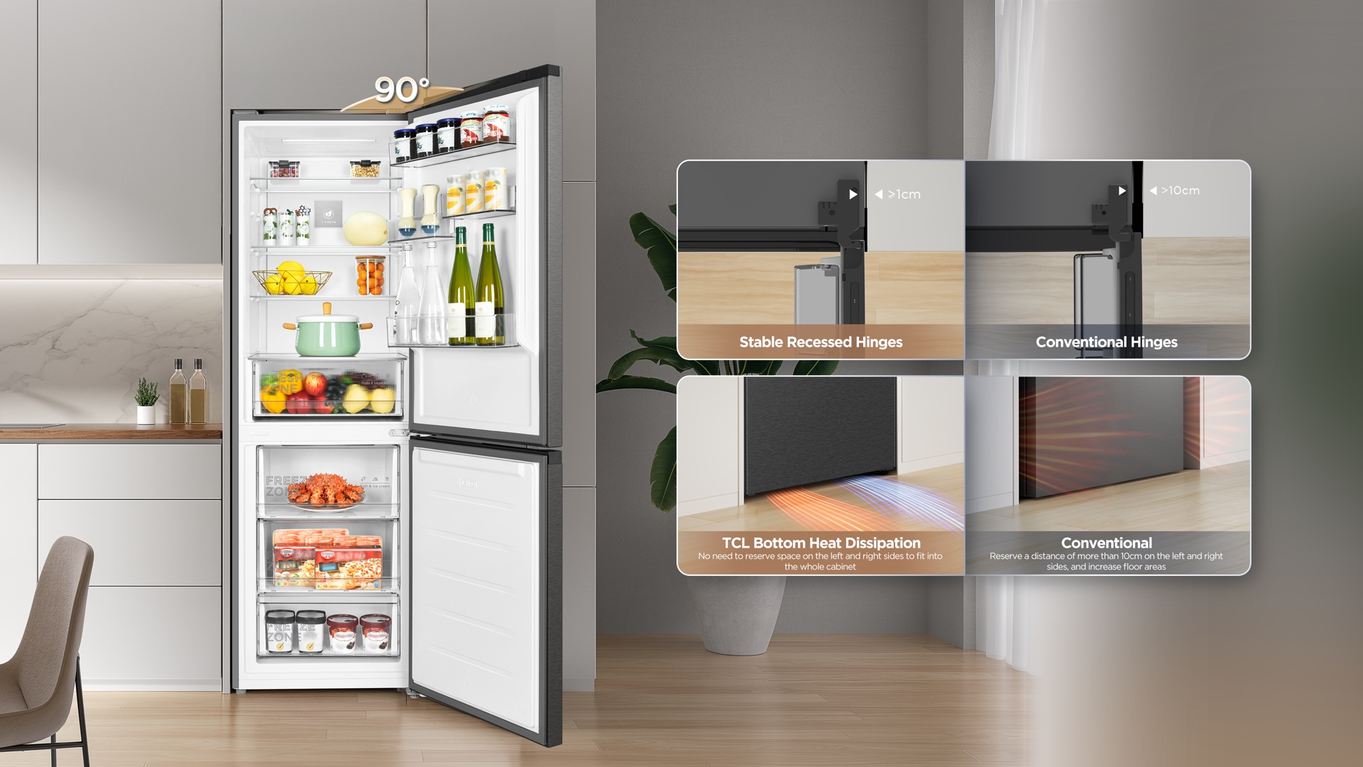 TCL refrigerator with 90° opening door