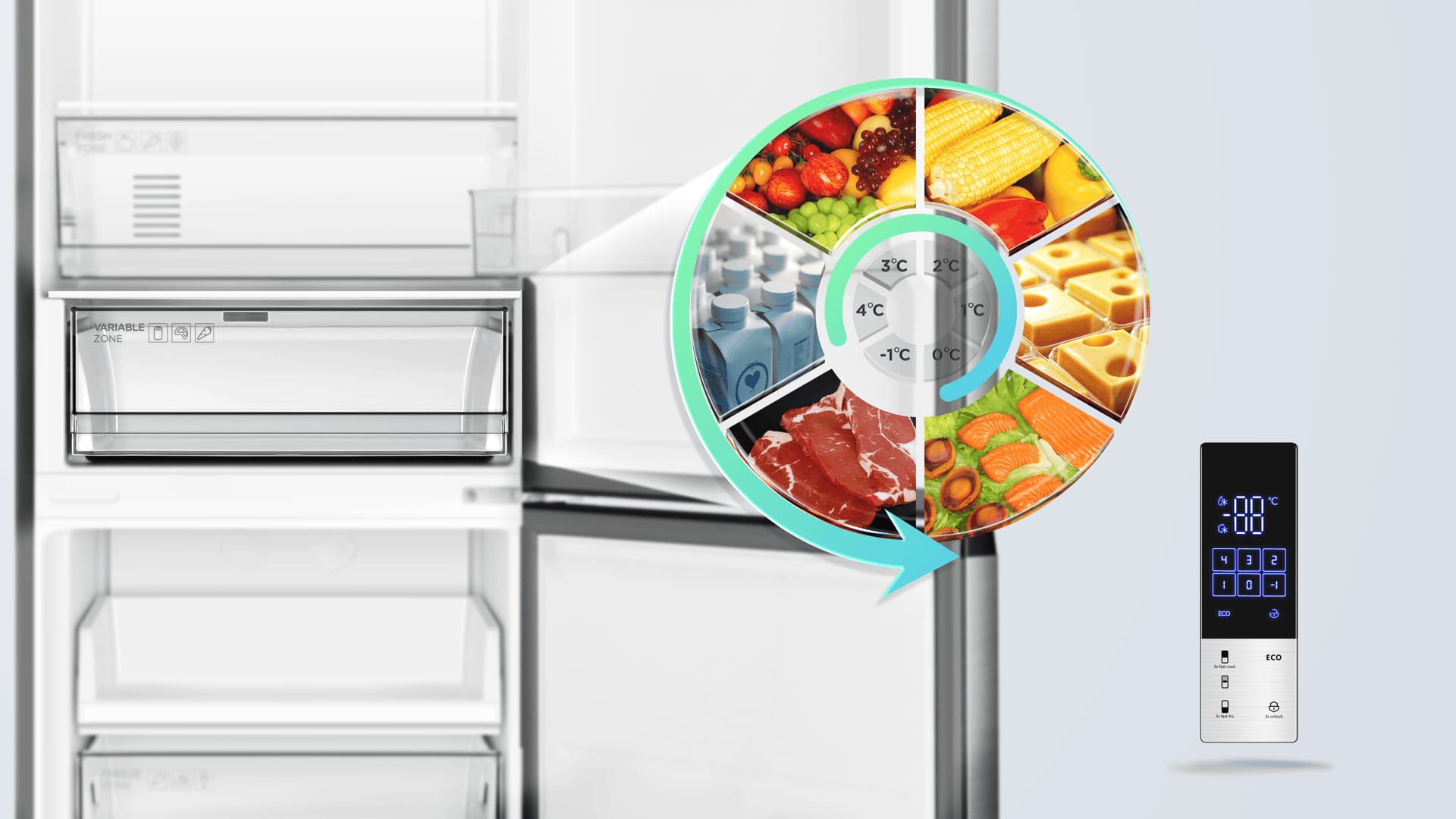 The TCL fridge can customise temperature for flexible foods storage