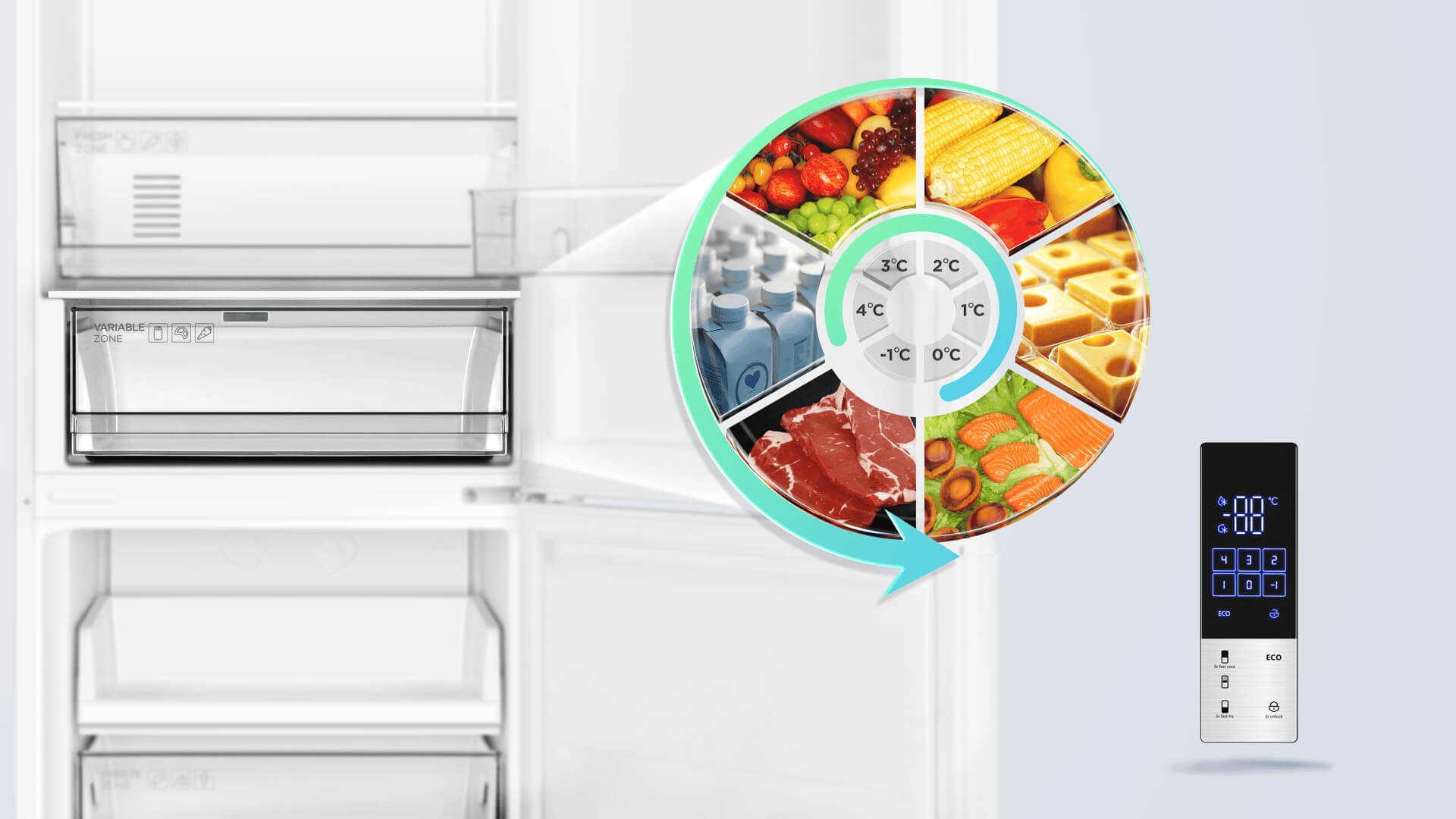 The TCL fridge can customise temperature for flexible foods storage