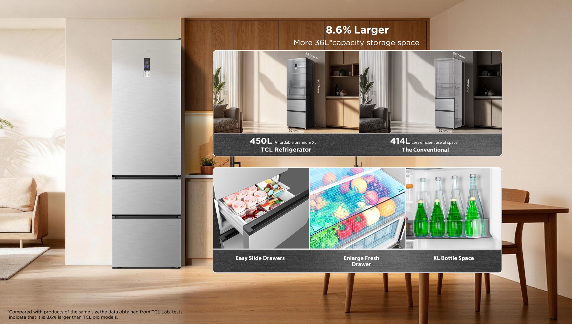 TCL fridge has larger capacity for more storage space