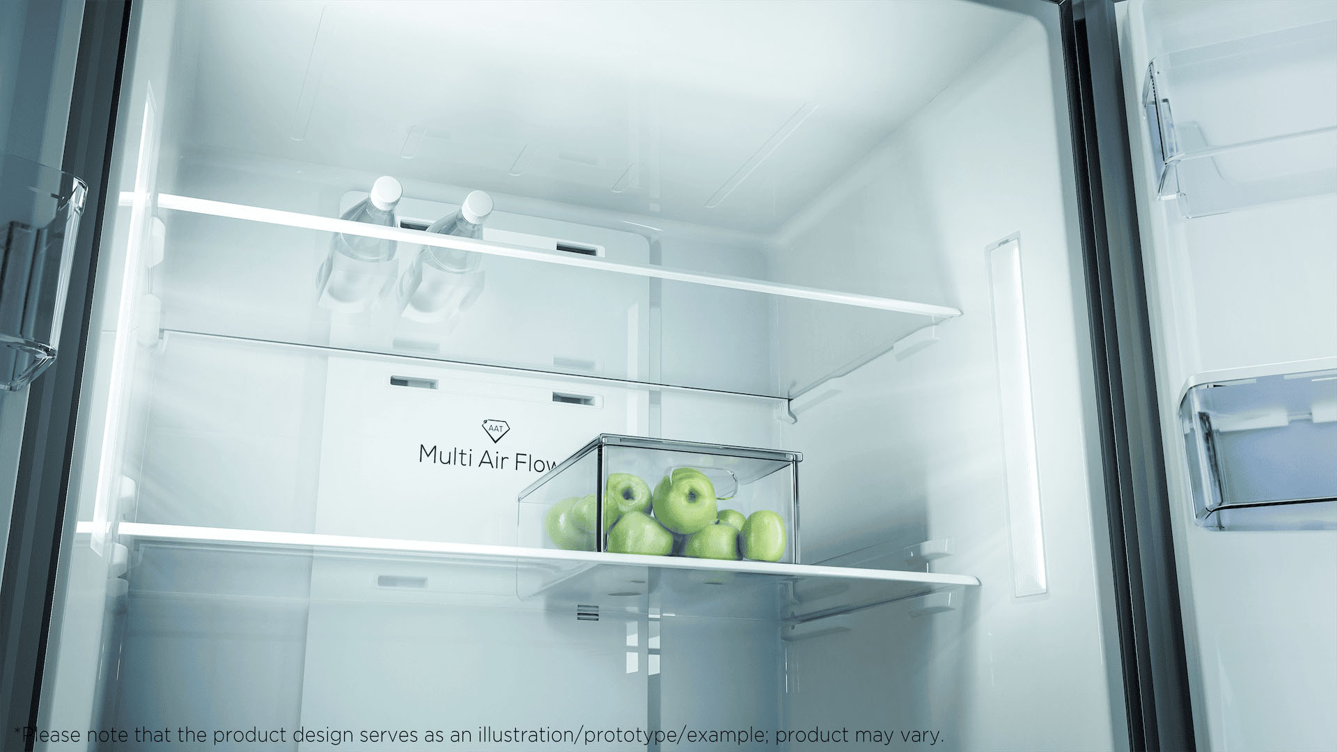 Dual lateral LED lightings: Vertical LED ramps located on either side of the refrigerator, for perfect visibility at each level of storage