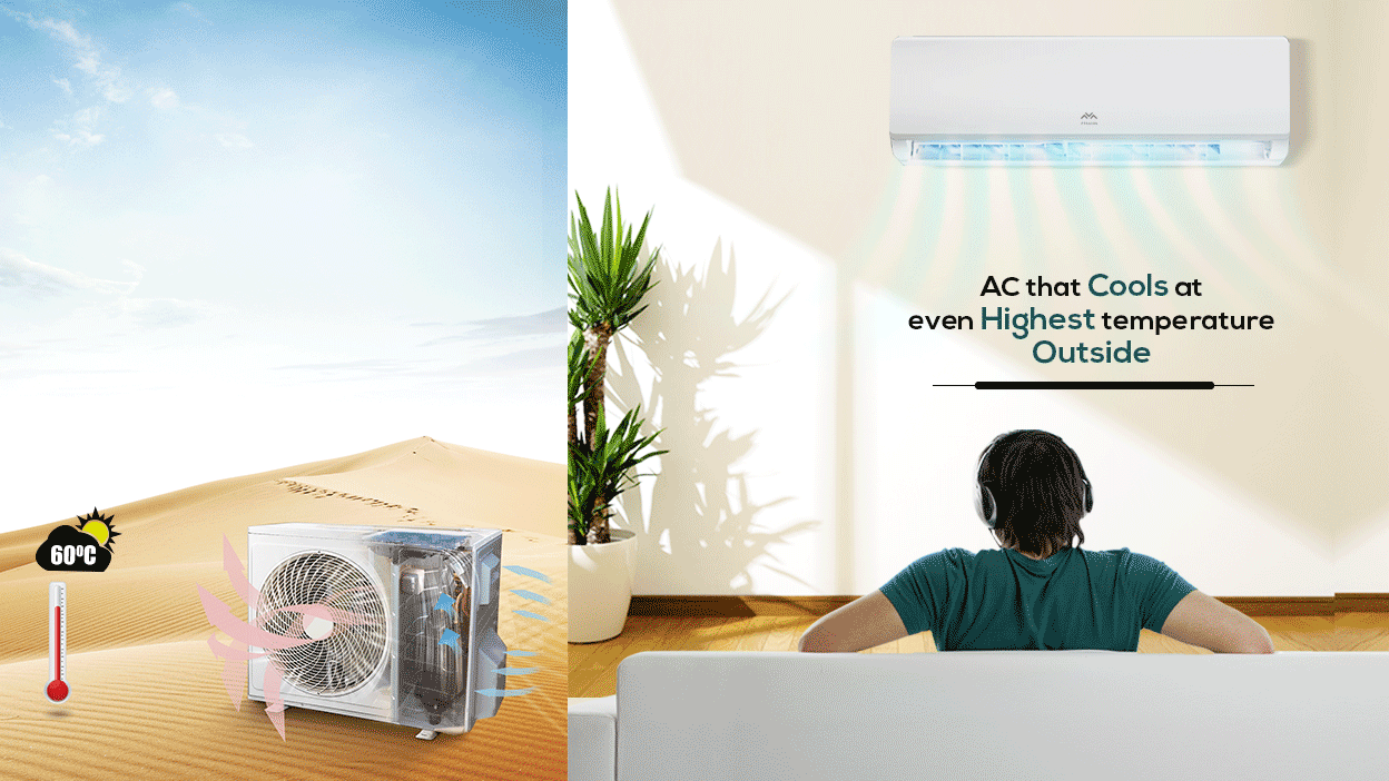 On-off AC-E1 Provides 60-Degree C High Ambient Cooling: AC that cools at even highest tempreture outside